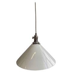 1990s White Cone Glass Pendant Light with New Polished Nickel Finish Hardware