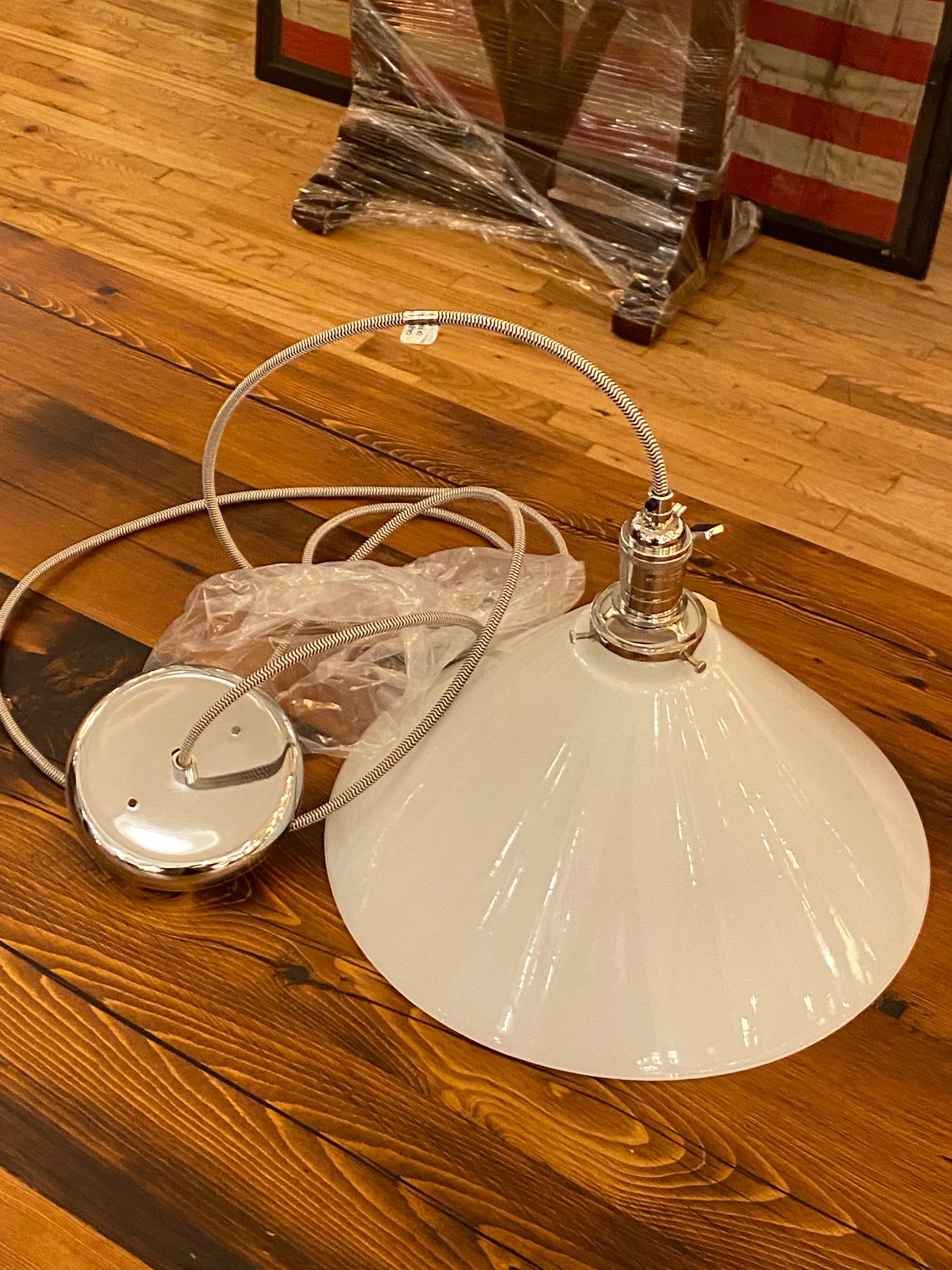Late 20th Century White Cone Glass Pendant Light New Polished Nickel Finish Hardware For Sale