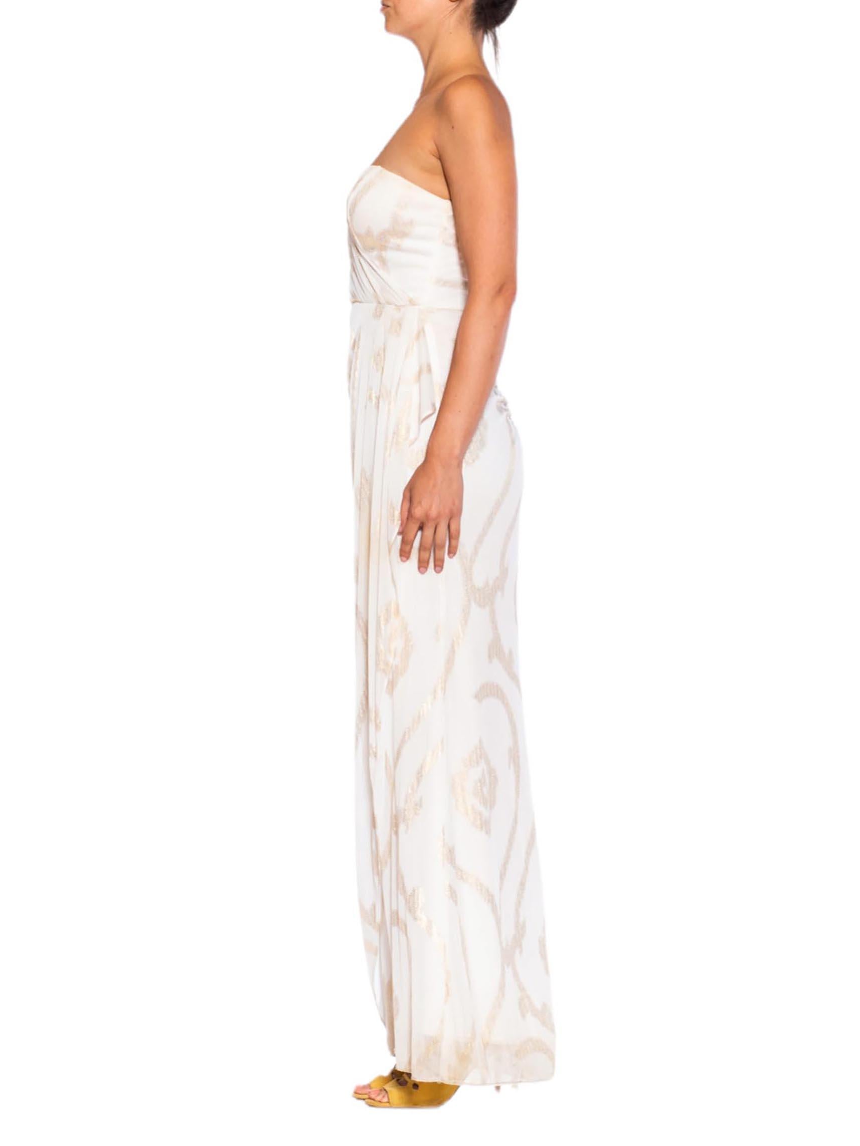 1990S White & Gold Lurex Silk Blend Chiffon Gown In Excellent Condition For Sale In New York, NY