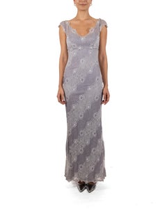 1990S White & Grey Silk Chiffon Lace Appliqué Empire Waist Gown
