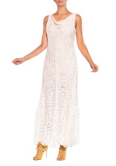 1990S White Hand Done Cotton Blend Battenburg Lace Cowl Neck Gown With Low Back
