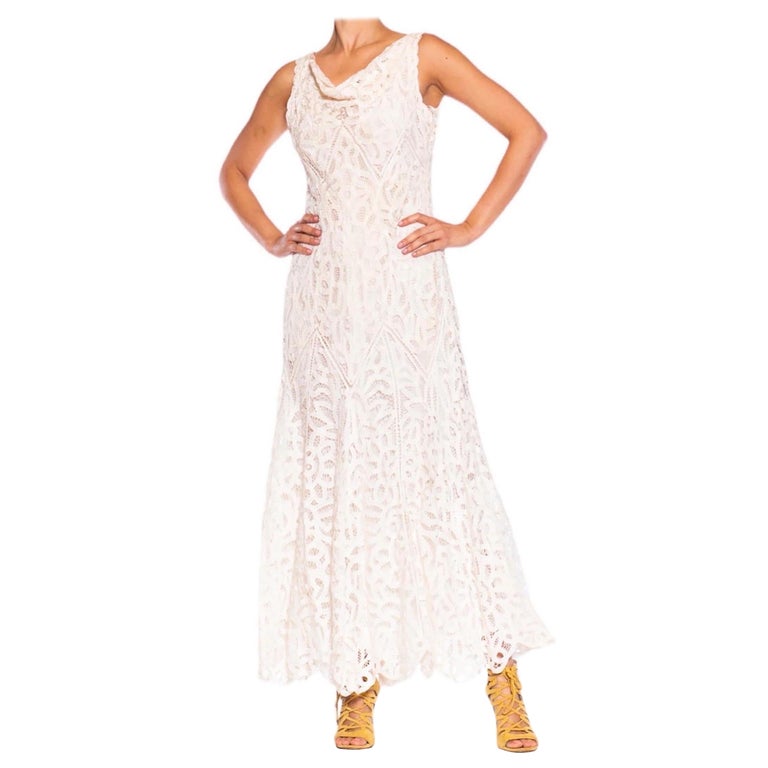 1990s White Hand Done Cotton Blend Battenburg Lace Cowl Neck Gown with Low Back
