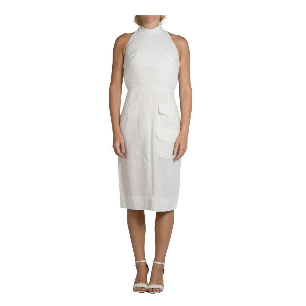 1990S Vestido blanco de lino con cuello alto y escote halter en venta