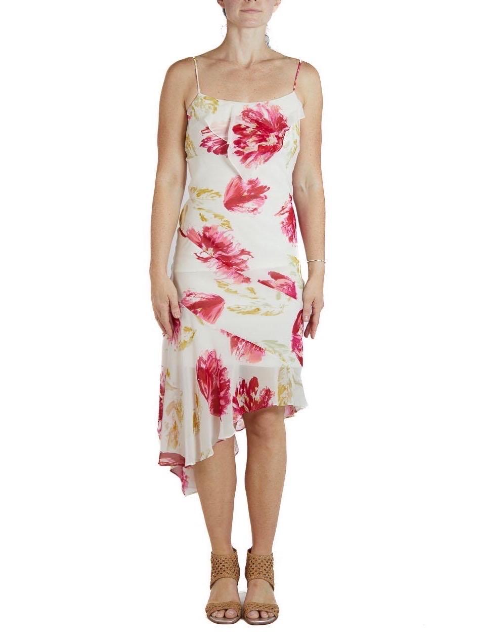 Beige 1990S White & Pink Bias Cut Silk Chiffon Floral Print Dress For Sale