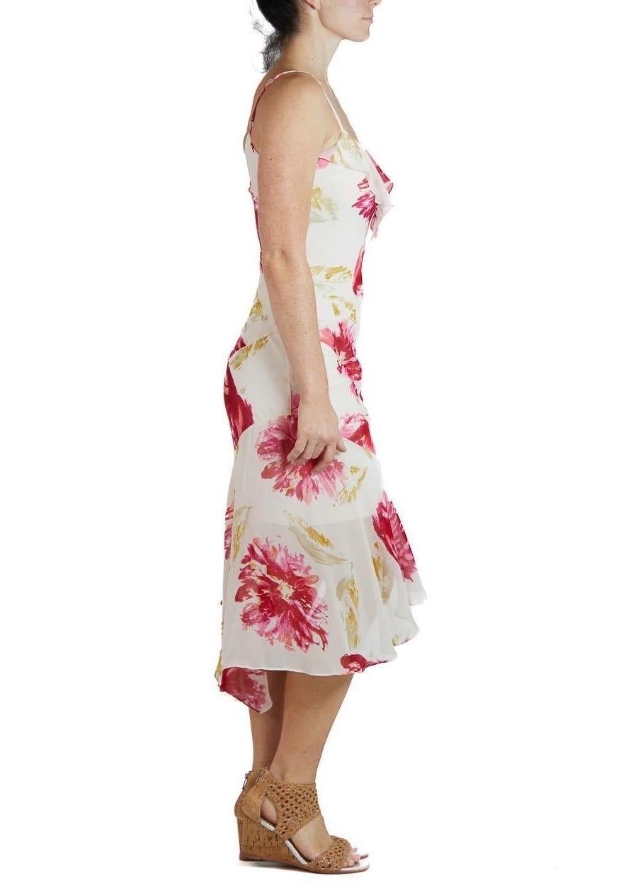1990S White & Pink Bias Cut Silk Chiffon Floral Print Dress For Sale 1
