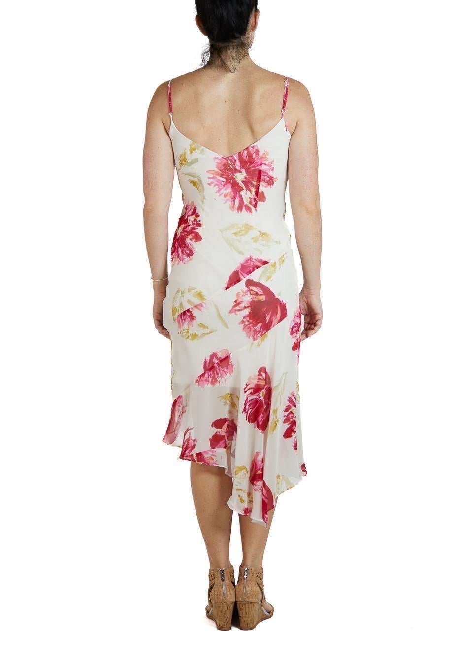 1990S White & Pink Bias Cut Silk Chiffon Floral Print Dress For Sale 4