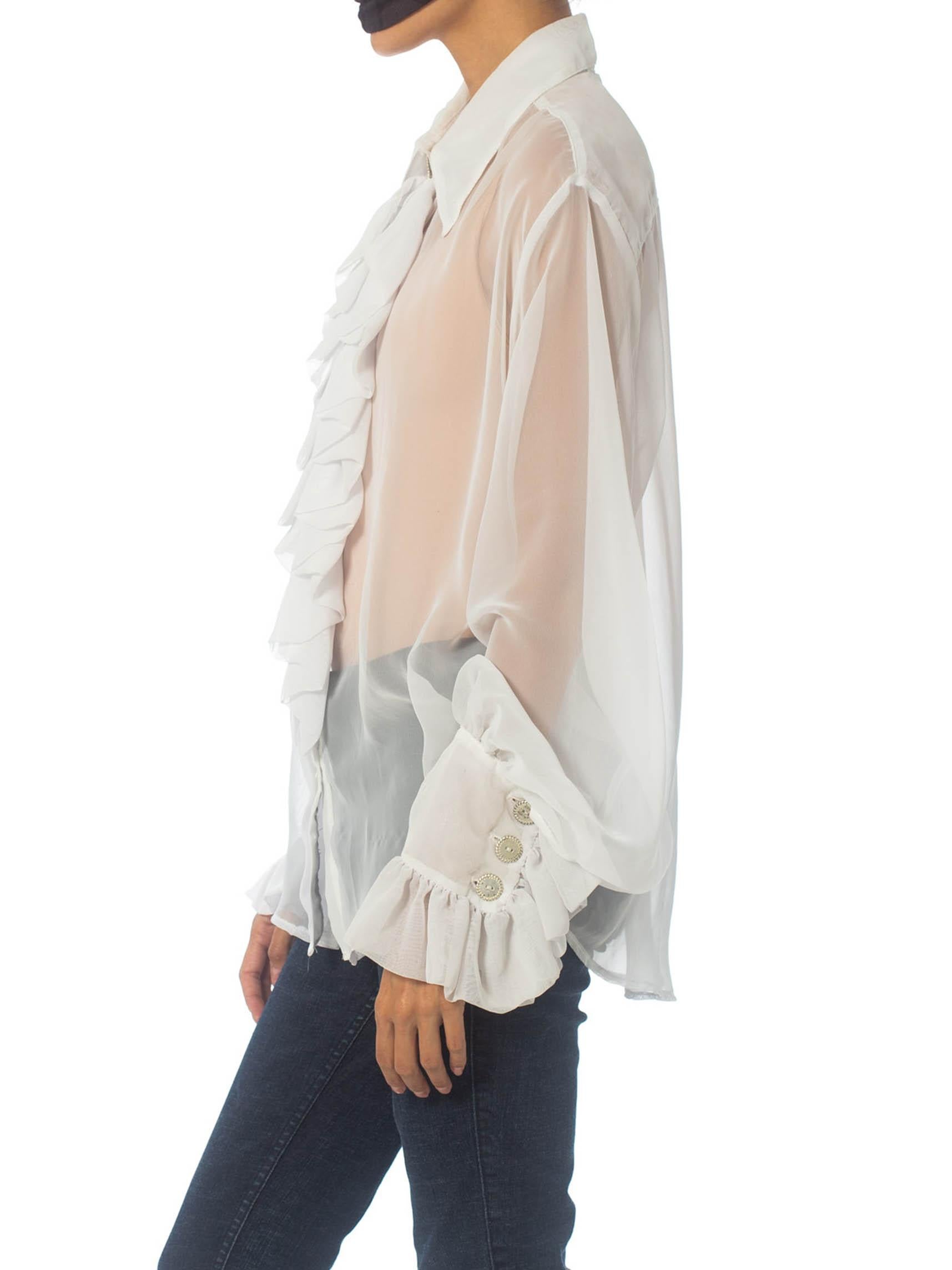 1990S White Polyester Chiffon Sheer Ruffled Poet's Blouse In Excellent Condition In New York, NY