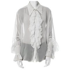 1990S White Polyester Chiffon Sheer Ruffled Poet's Blouse