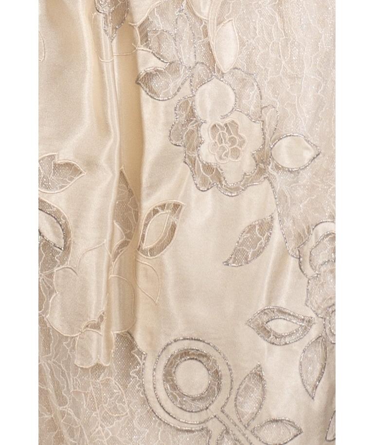 1990S White & Silver Metallic Silk Chantilly Lace Empire Waist Gown With Satin For Sale 5