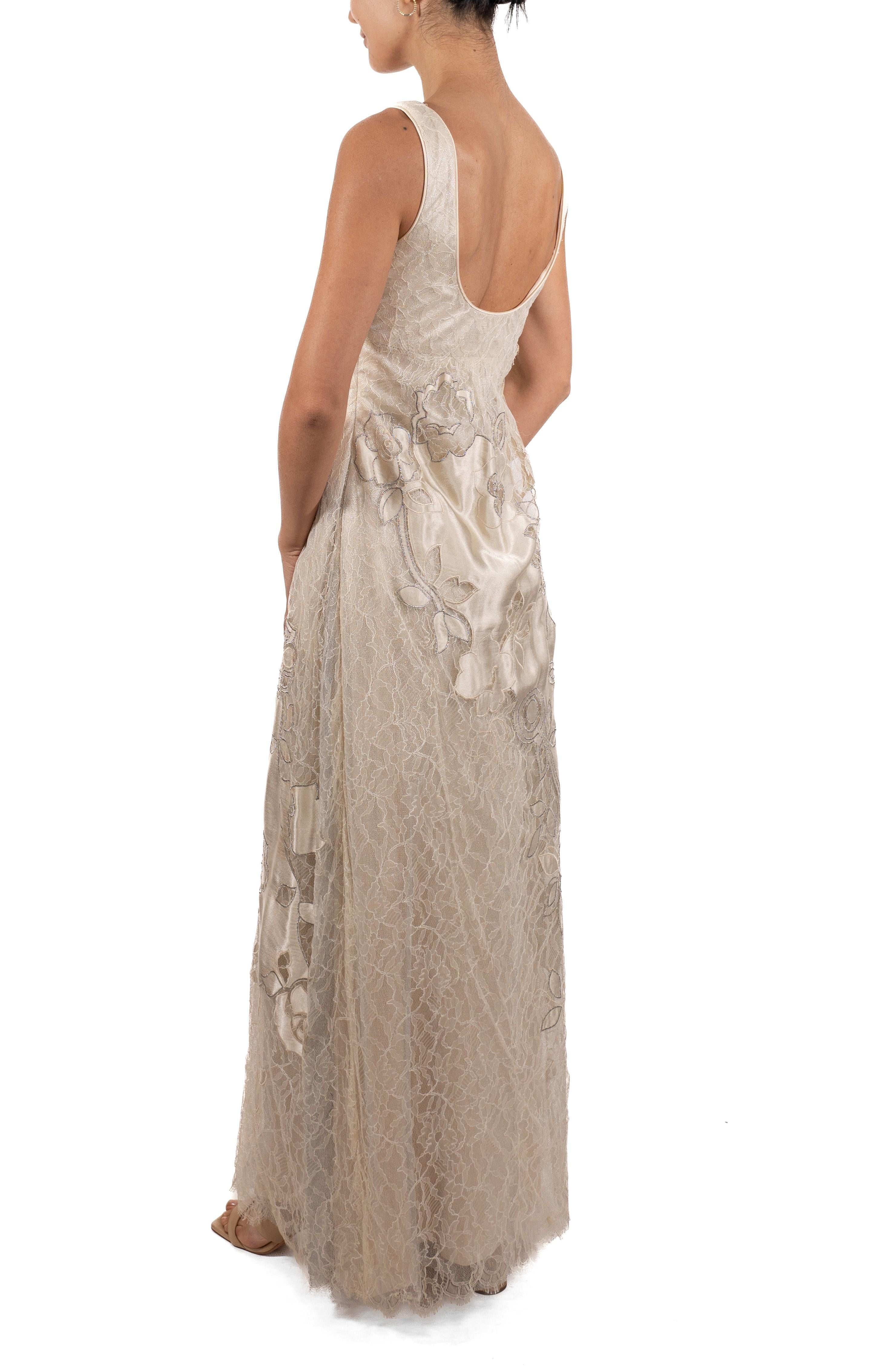 Brown 1990S White & Silver Metallic Silk Chantilly Lace Empire Waist Gown With Satin For Sale