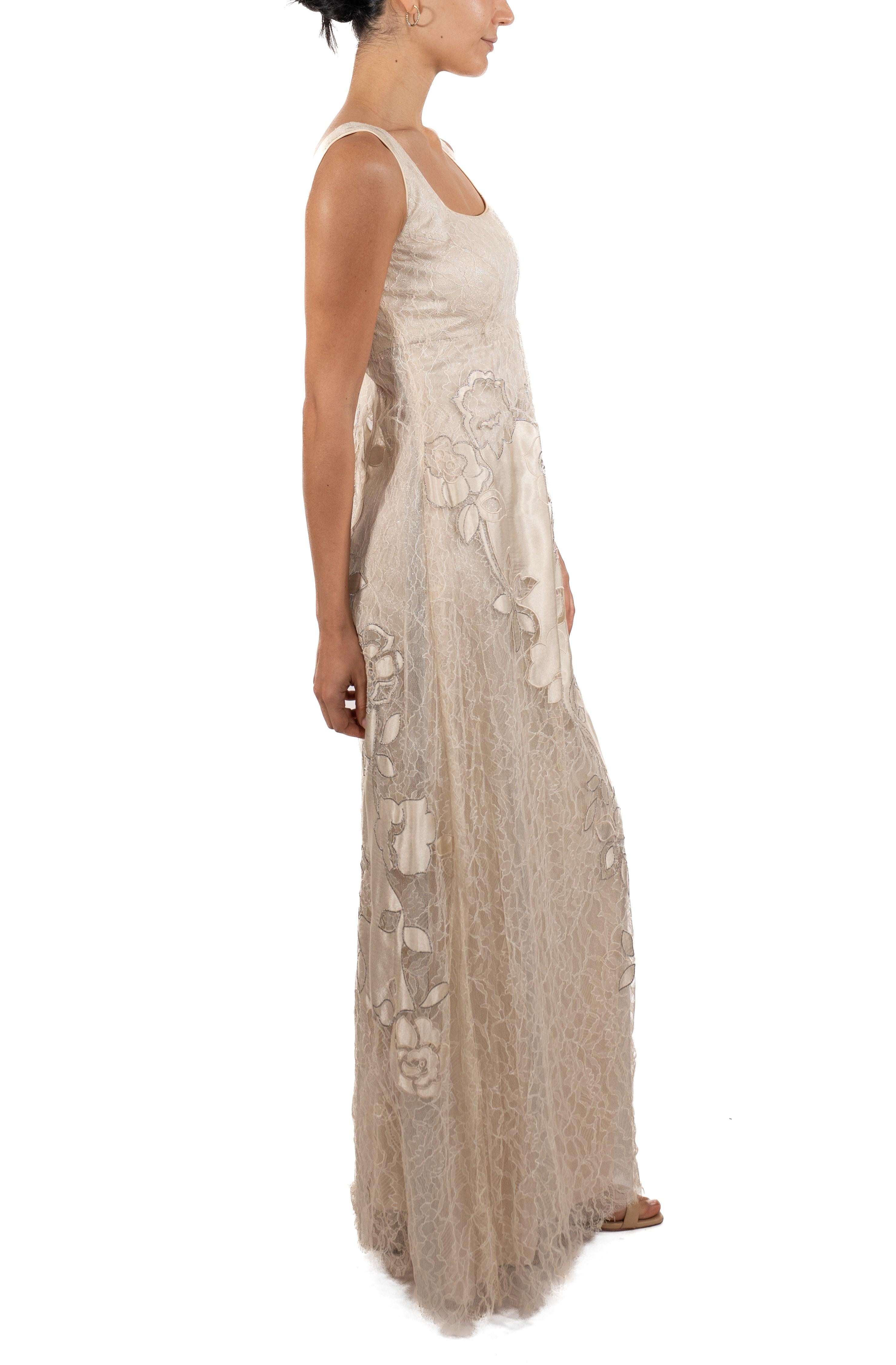 Women's 1990S White & Silver Metallic Silk Chantilly Lace Empire Waist Gown With Satin For Sale