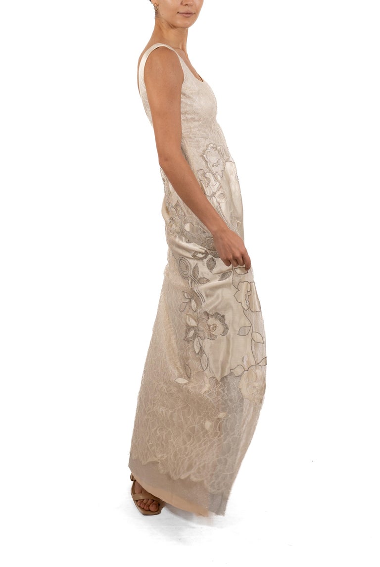 1990s White & Silver Metallic Silk Chantilly Lace Empire Waist Gown with Satin