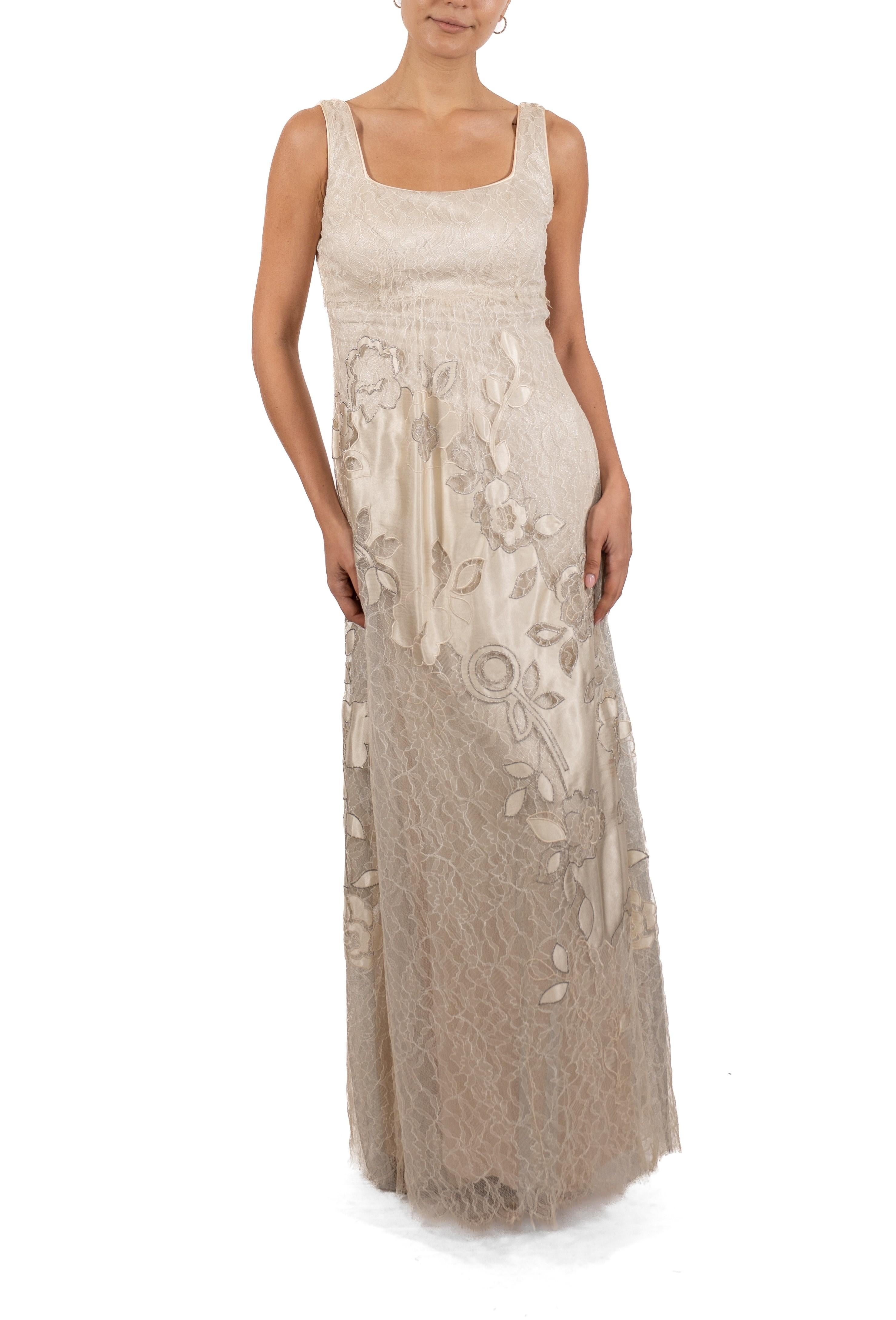 1990S White & Silver Metallic Silk Chantilly Lace Empire Waist Gown With Satin For Sale 2