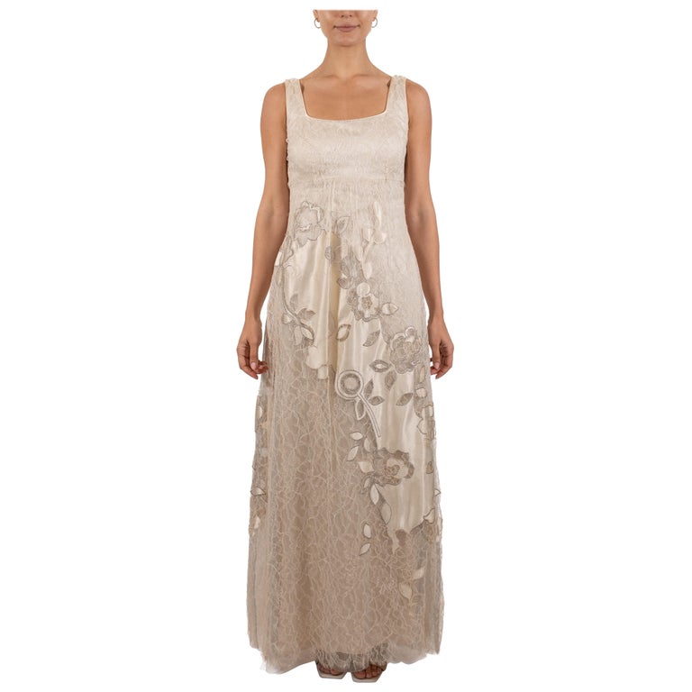 sachin and babi light blue dress 1990s White & Silver Metallic Silk Chantilly Lace Empire Waist Gown with Satin