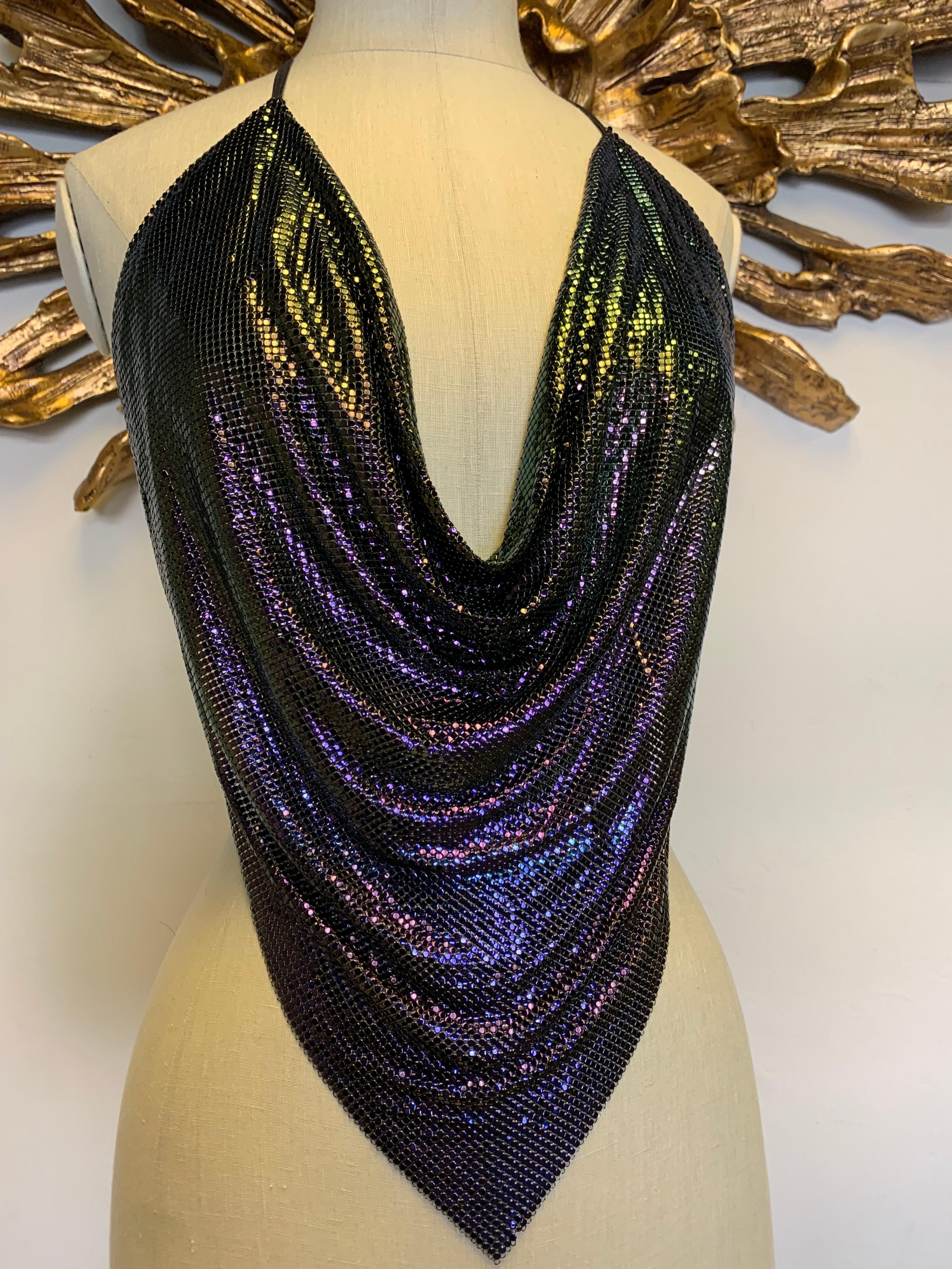 A stunning 1990s Whiting & Davis aubergine to black ombre chainmail halter top: A deeply draped cowl neckline, black mesh base with thin black leather ties at neck and waist. Size small to medium. 