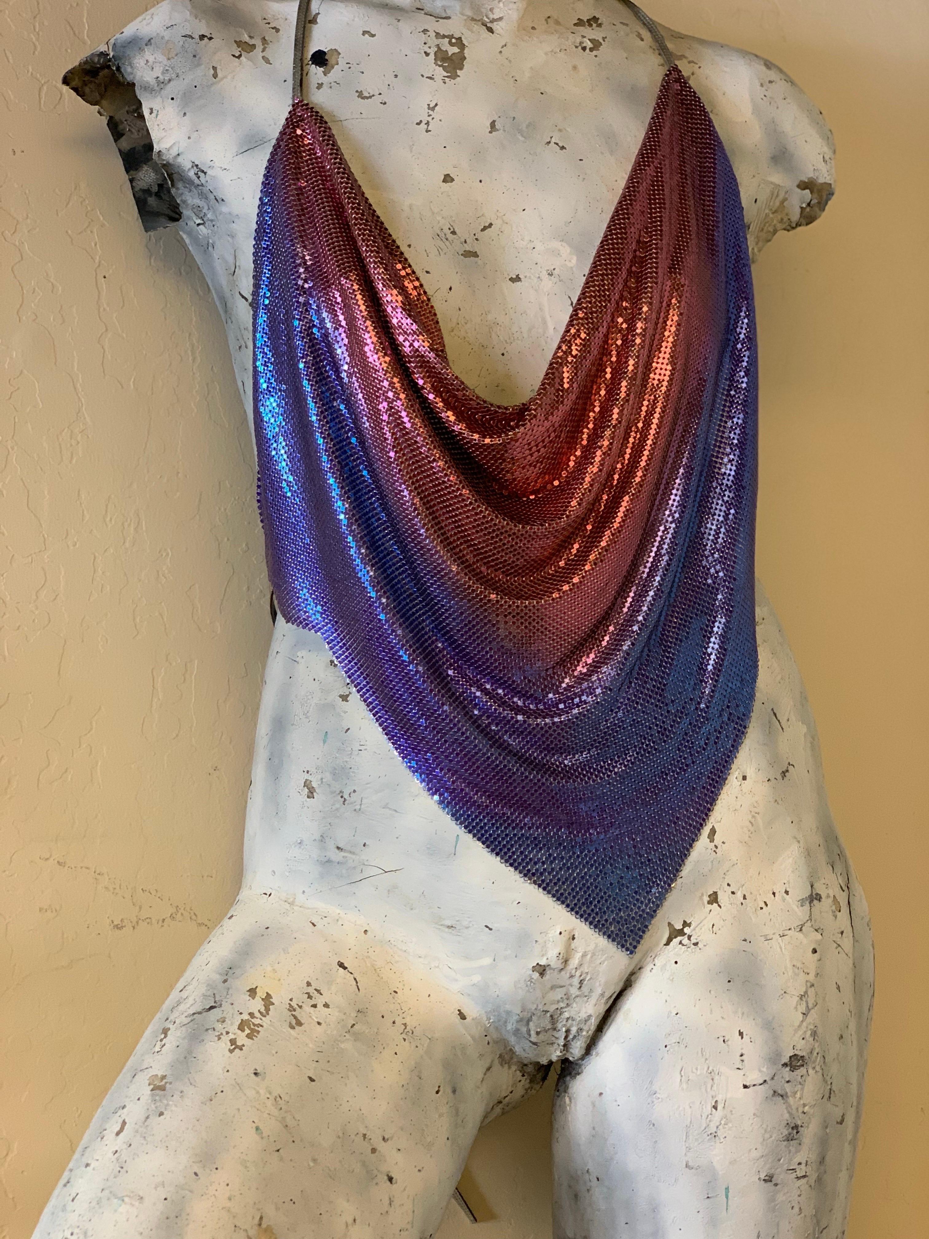 A stunning 1990s Whiting & Davis pink/blue ombre chainmail halter top: A deeply draped cowl neckline, silver-toned base metal with thin silver leather ties at neck and waist. Size small to medium. 