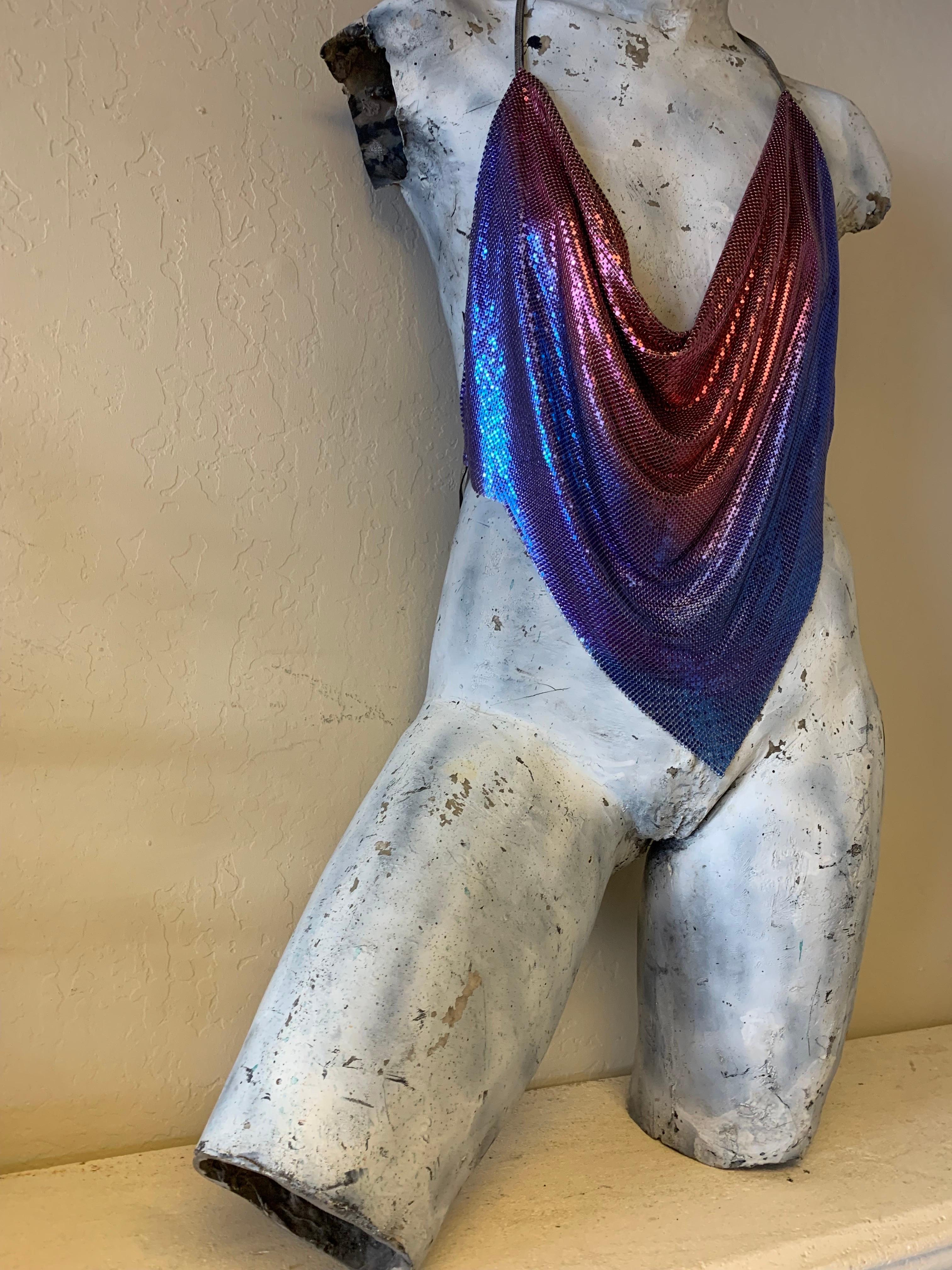 1990s Whiting & Davis Pink To Blue Ombre Chainmail Halter Cowl Top 1