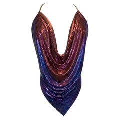 1990er Whiting & Davis Rosa bis Blau Ombre Kettenhemd Halter Cowl Top