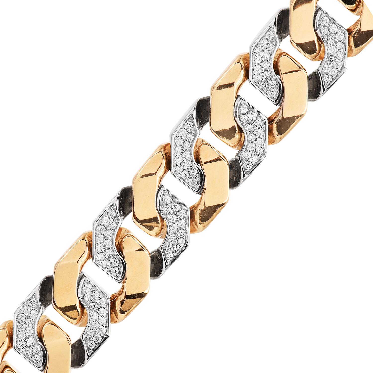 Enjoy this high-quality  Large interconnecting Square Curb link to create the design of this Bold Diamond Bracelet.

Crafted in both 18K yellow, this bracelet measures approximately. 7 Inches x 14mm wide and is adorned in white gold links with over