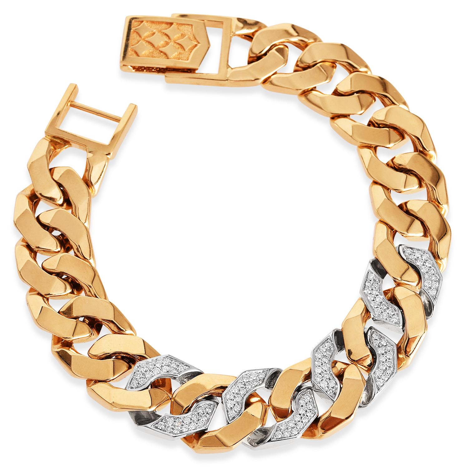 Round Cut 1990's  Wide Diamond Curb Link 18K Yellow Gold Bracelet For Sale