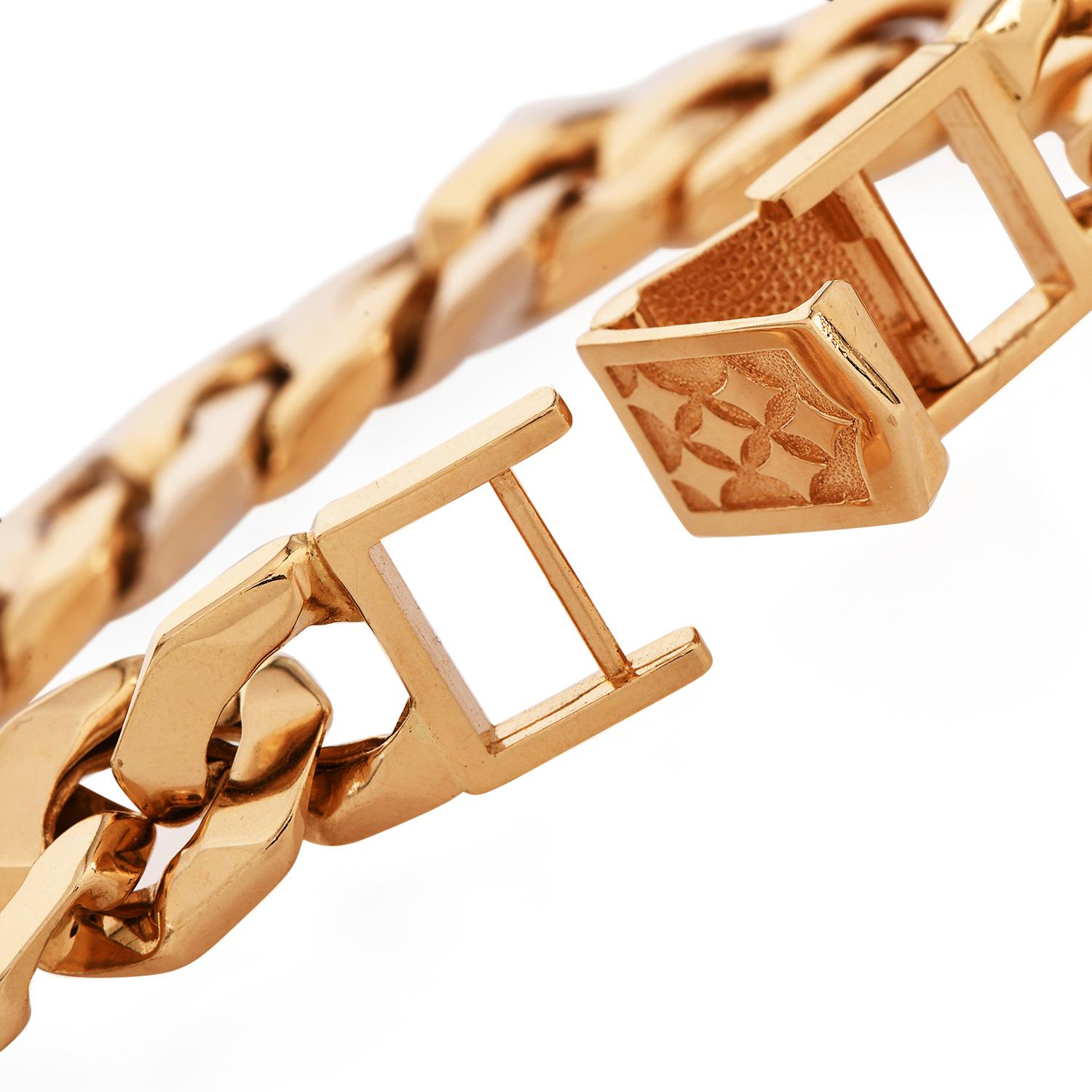 Women's 1990's  Wide Diamond Curb Link 18K Yellow Gold Bracelet For Sale