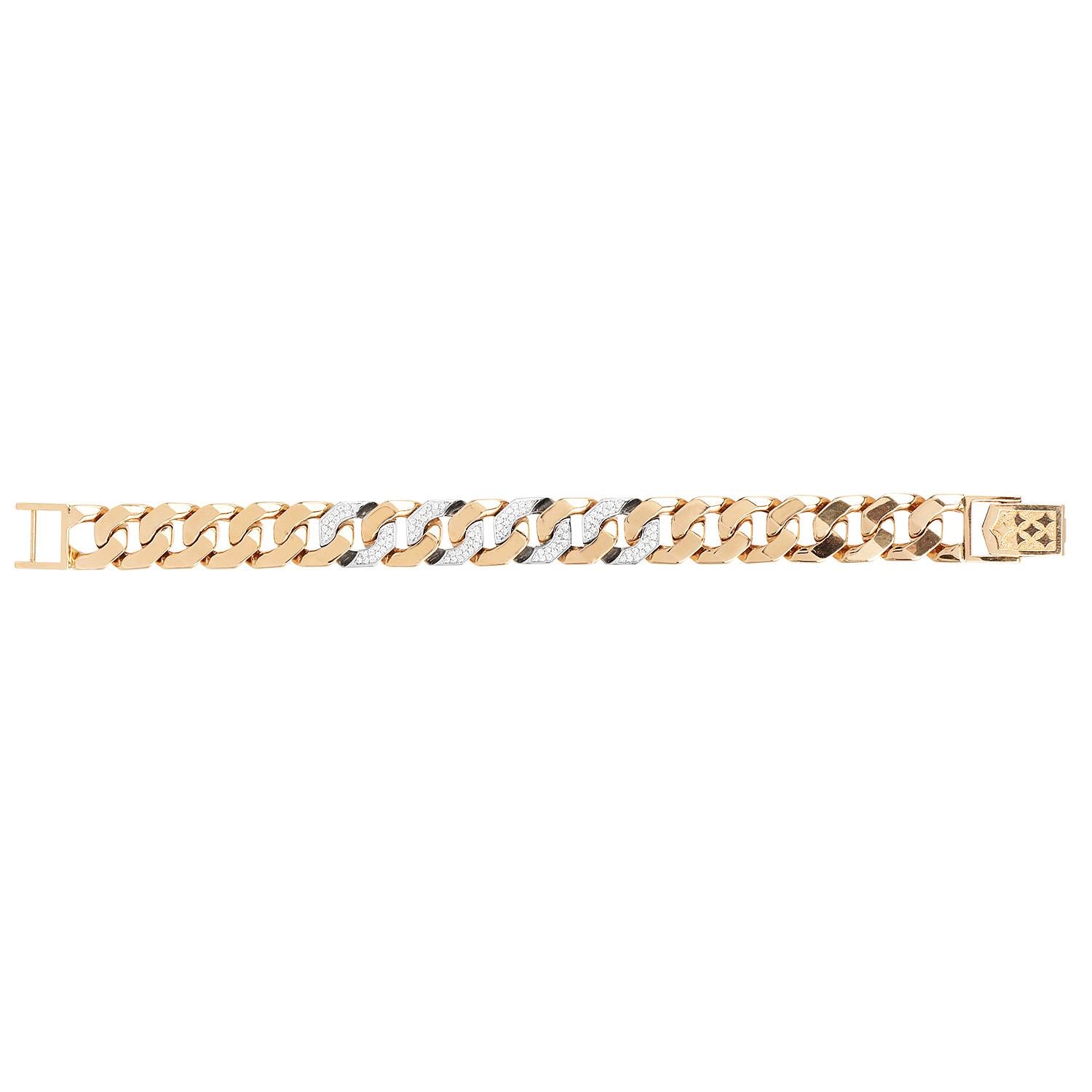 1990's  Wide Diamond Curb Link 18K Yellow Gold Bracelet For Sale 1