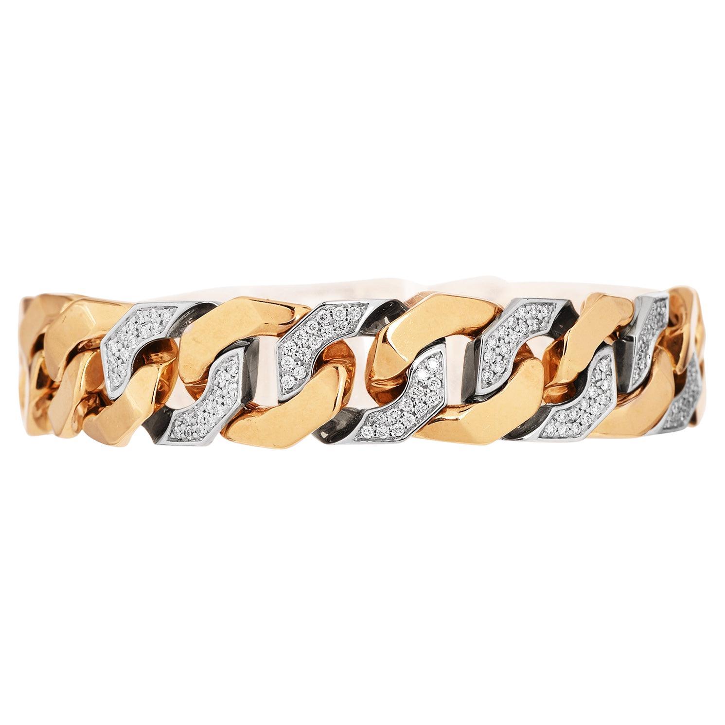 1990's  Wide Diamond Curb Link 18K Yellow Gold Bracelet For Sale