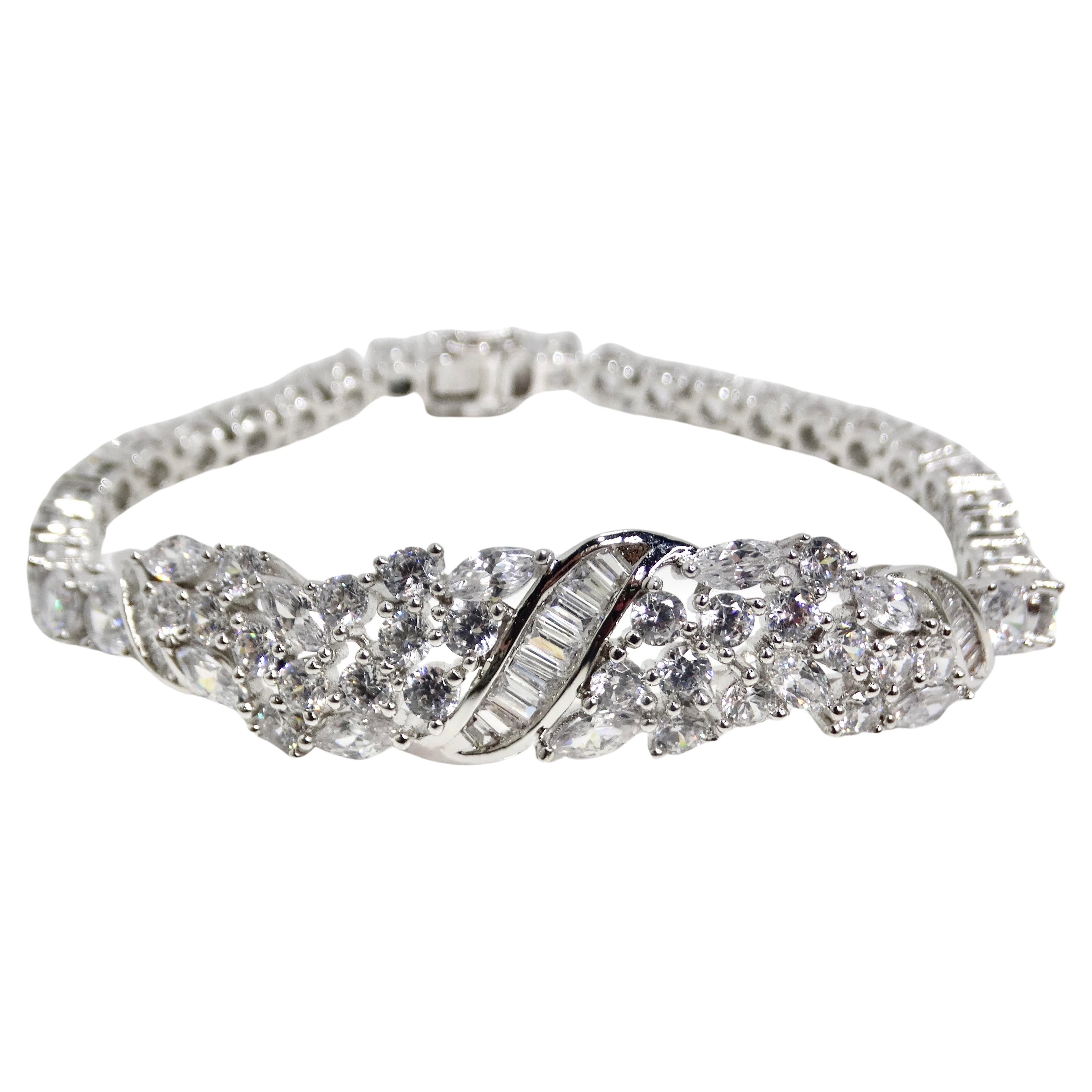 1990s with the Art Deco Silver Rhinestone Bracelet For Sale