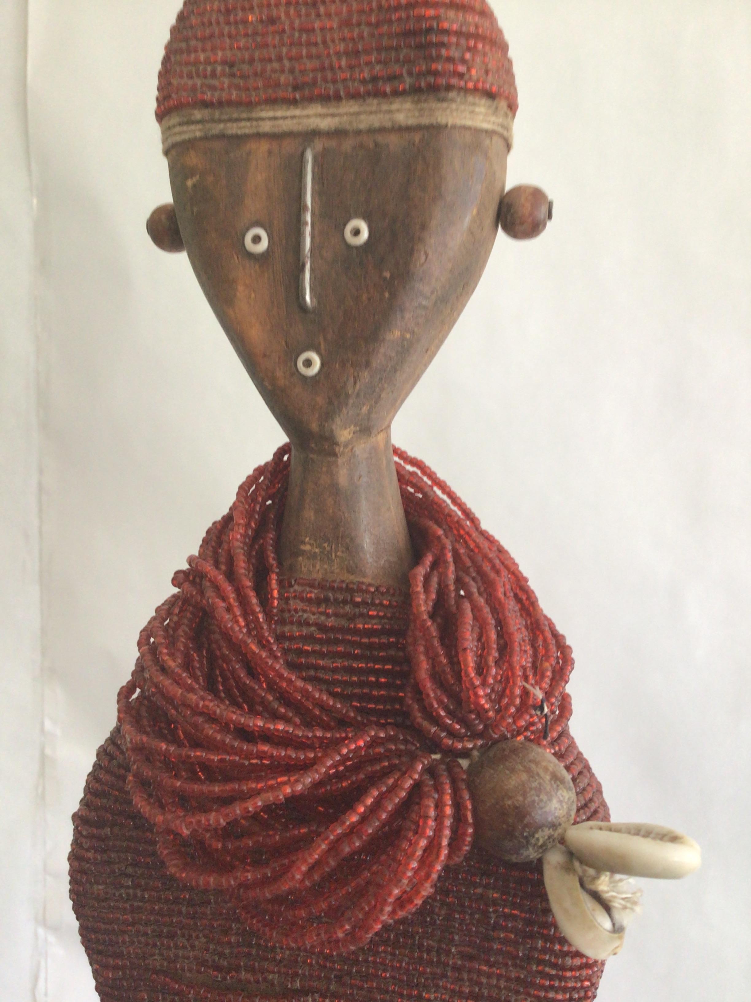 1990s Wood and Beaded Sculpture Of Woman - NAMJI Fertility Doll For Sale 4