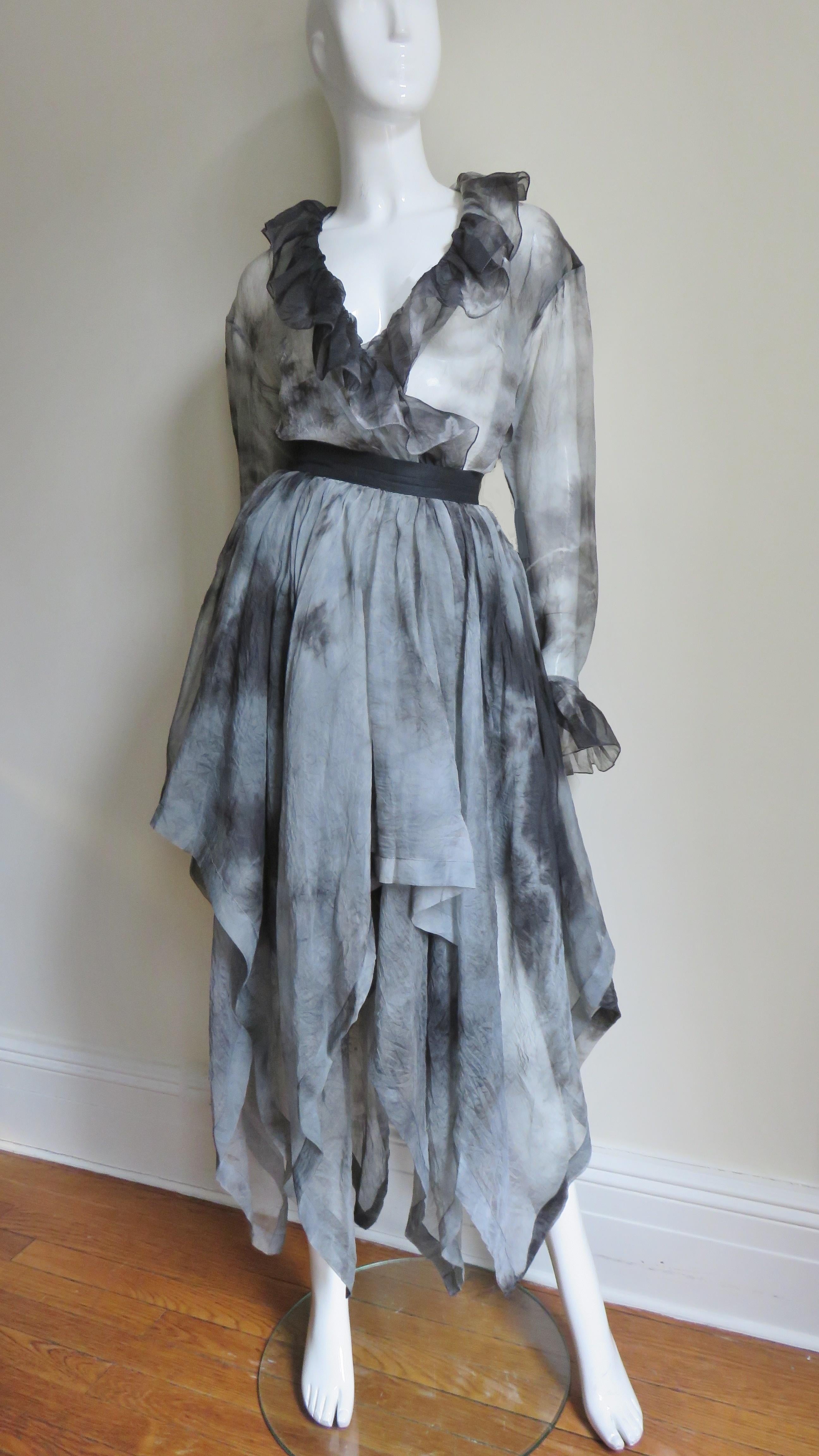 Gray 1990s Workers For Freedom Silk Tie Dye Skirt and Shirt