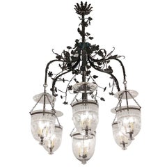 1990s Wrought Iron Chandelier with 7 Etched Bell Jar Shades, Large Scale