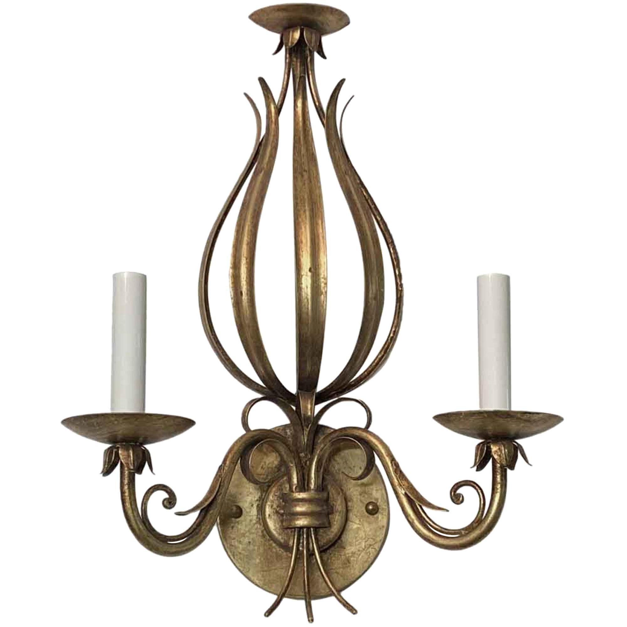 1990s Wrought Iron Foliage Gold Gilt Wall Sconce Done in a Florentine Style