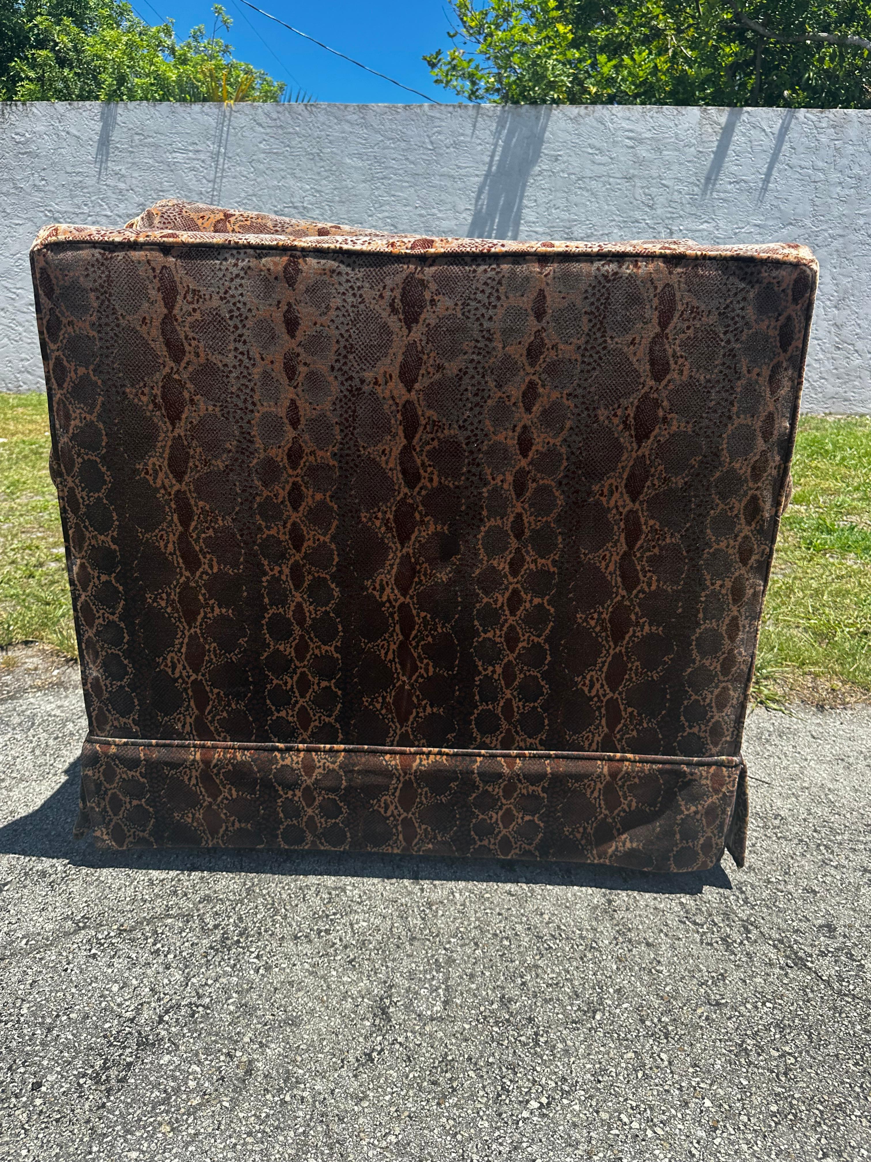 1990s Monumental Python Velvet Castors English Swivel Chairs Ottoman, Set of 3 For Sale 3