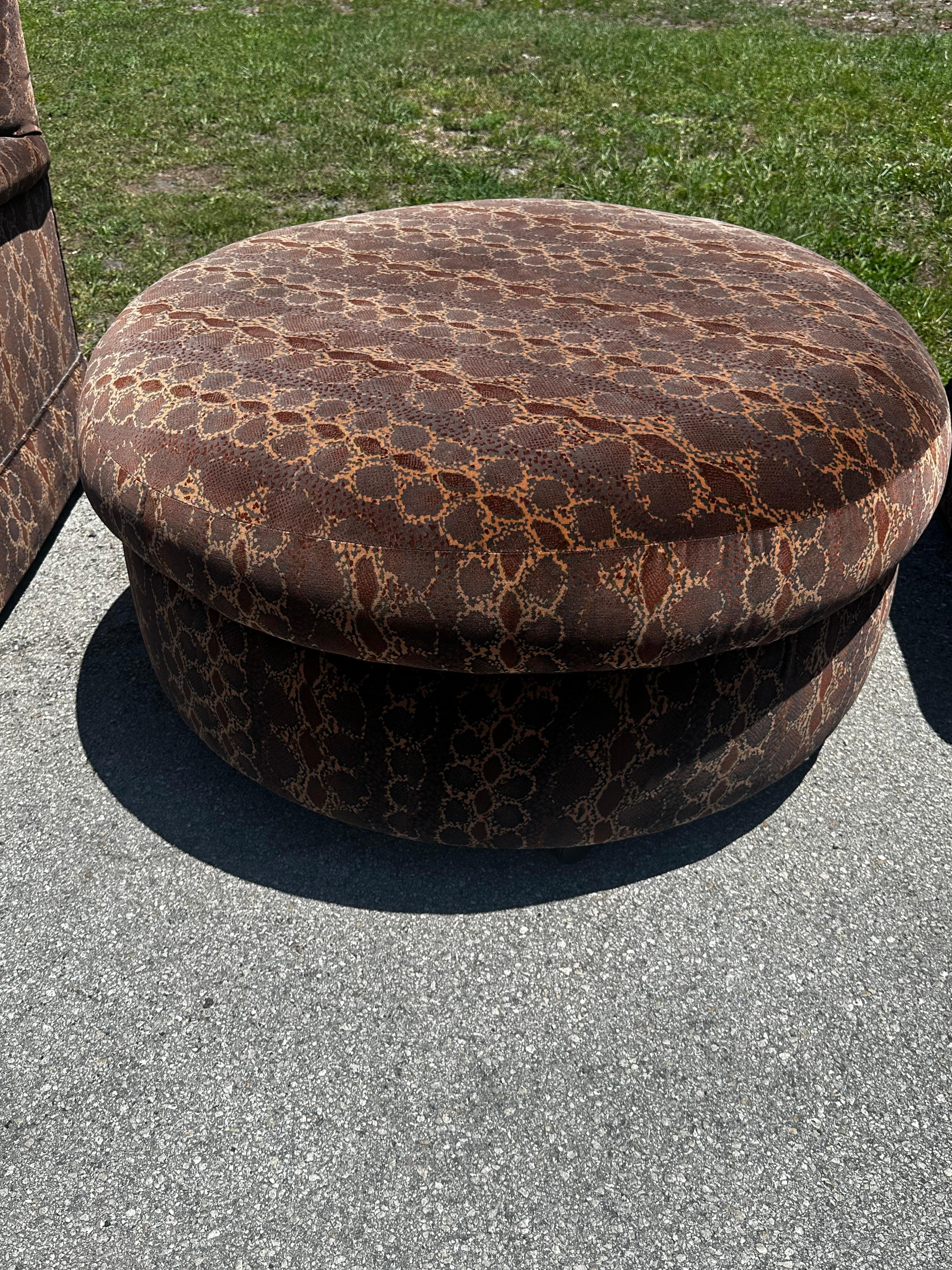 1990s Monumental Python Velvet Castors English Swivel Chairs Ottoman, Set of 3 For Sale 7