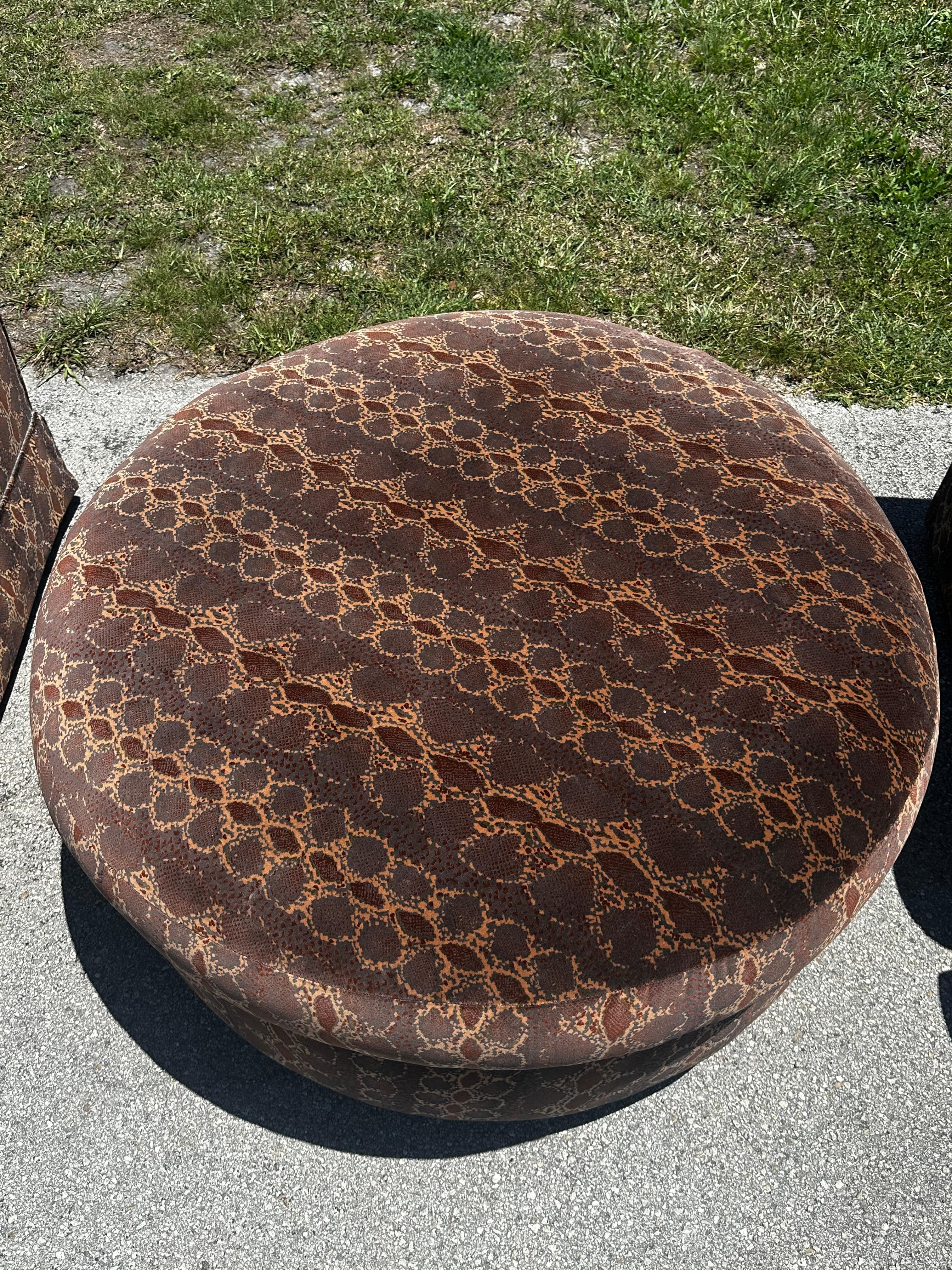 1990s Monumental Python Velvet Castors English Swivel Chairs Ottoman, Set of 3 For Sale 8