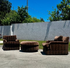 1990s Monumental Python Velvet Castors English Swivel Chairs Ottoman, Set of 3