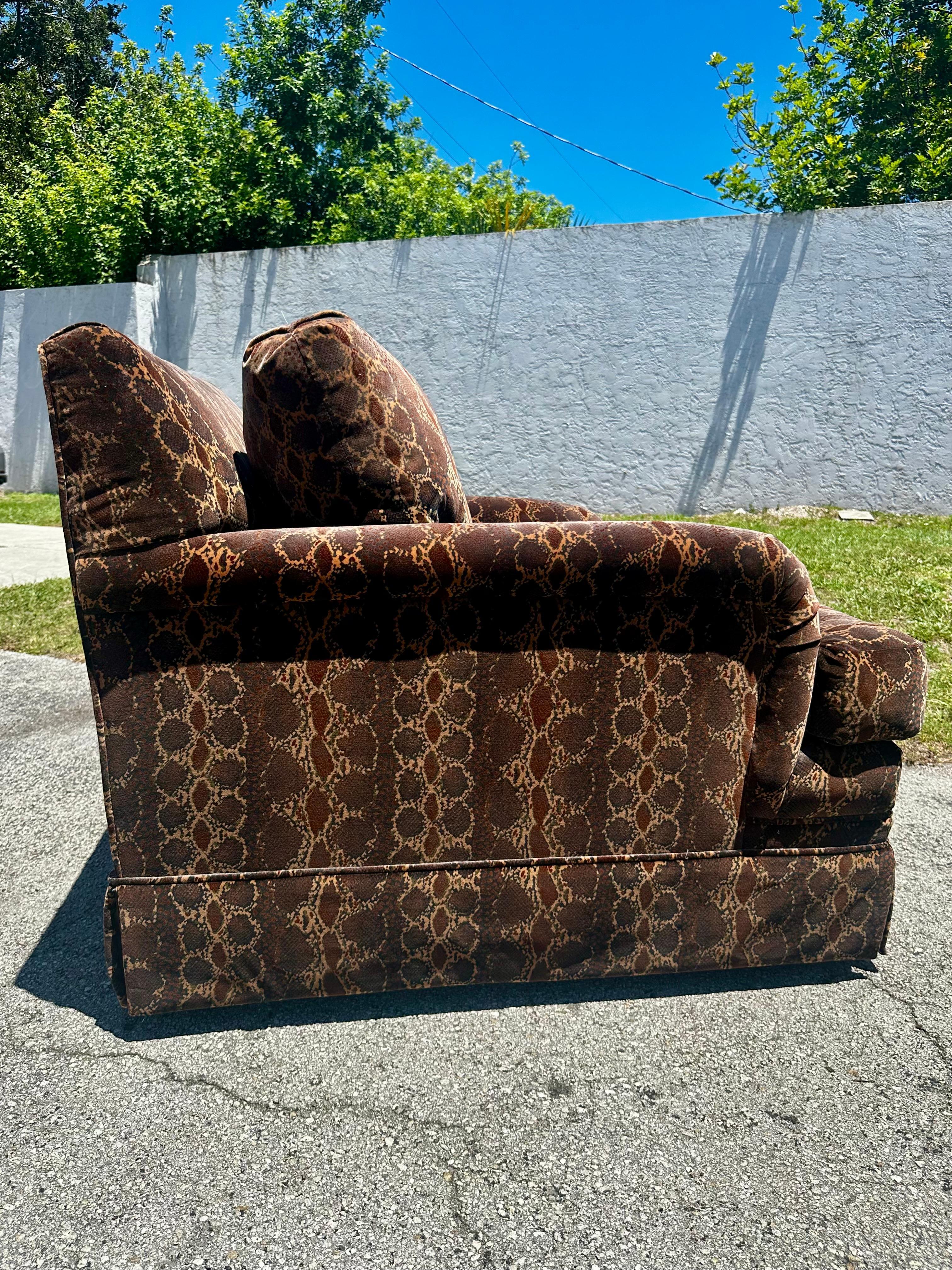 1990s Monumental Python Velvet Castors English Swivel Chairs Ottoman, Set of 3 For Sale 1