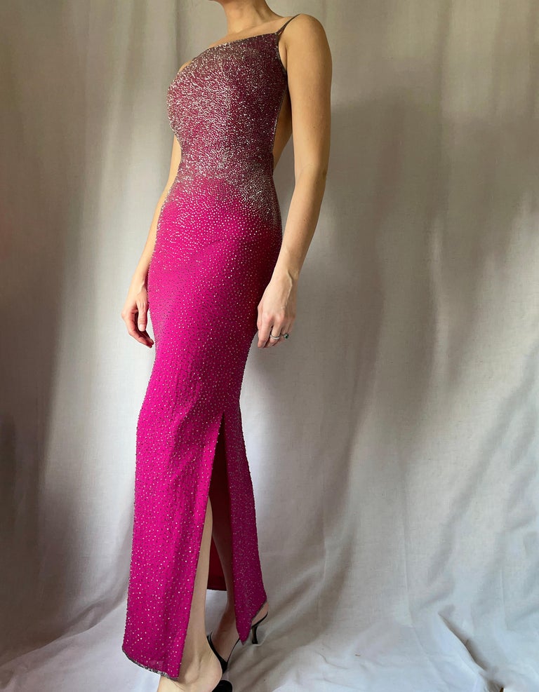 Vintage Y2K Fully Beaded Pink Silk Backless Gown
