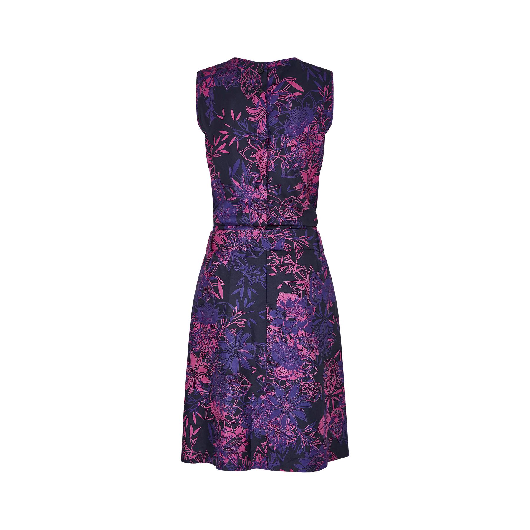 Vestido floral de seda Escada de los años 90 con cinturón de grosgrain Púrpura en venta
