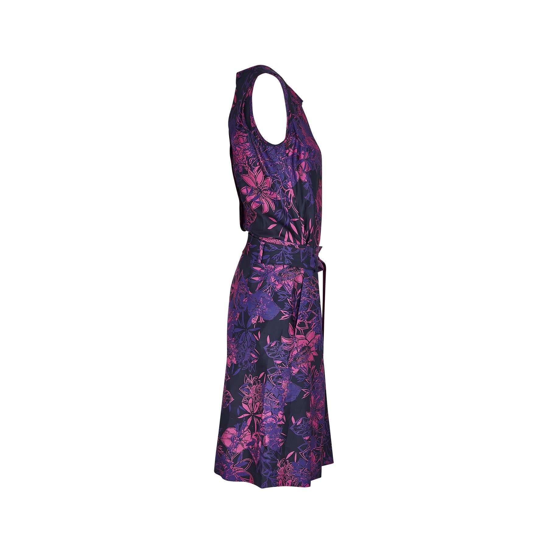 Vestido floral de seda Escada de los años 90 con cinturón de grosgrain en Excelente estado para la venta en London, GB