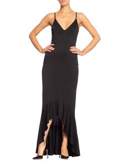 1990S Black Acetate & Lycra Jersey Y2K Slinky Sexy Flamenco Ruffle  Gown