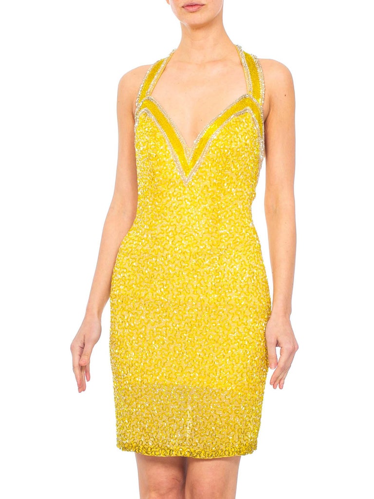 1990S Yellow Beaded Silk Halter Neck Mini Cocktail Dress For Sale at ...