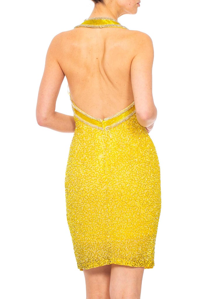 1990S Yellow Beaded Silk Halter Neck Mini Cocktail Dress For Sale at ...