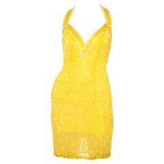 1990S Yellow Beaded Silk Halter Neck Mini Cocktail Dress