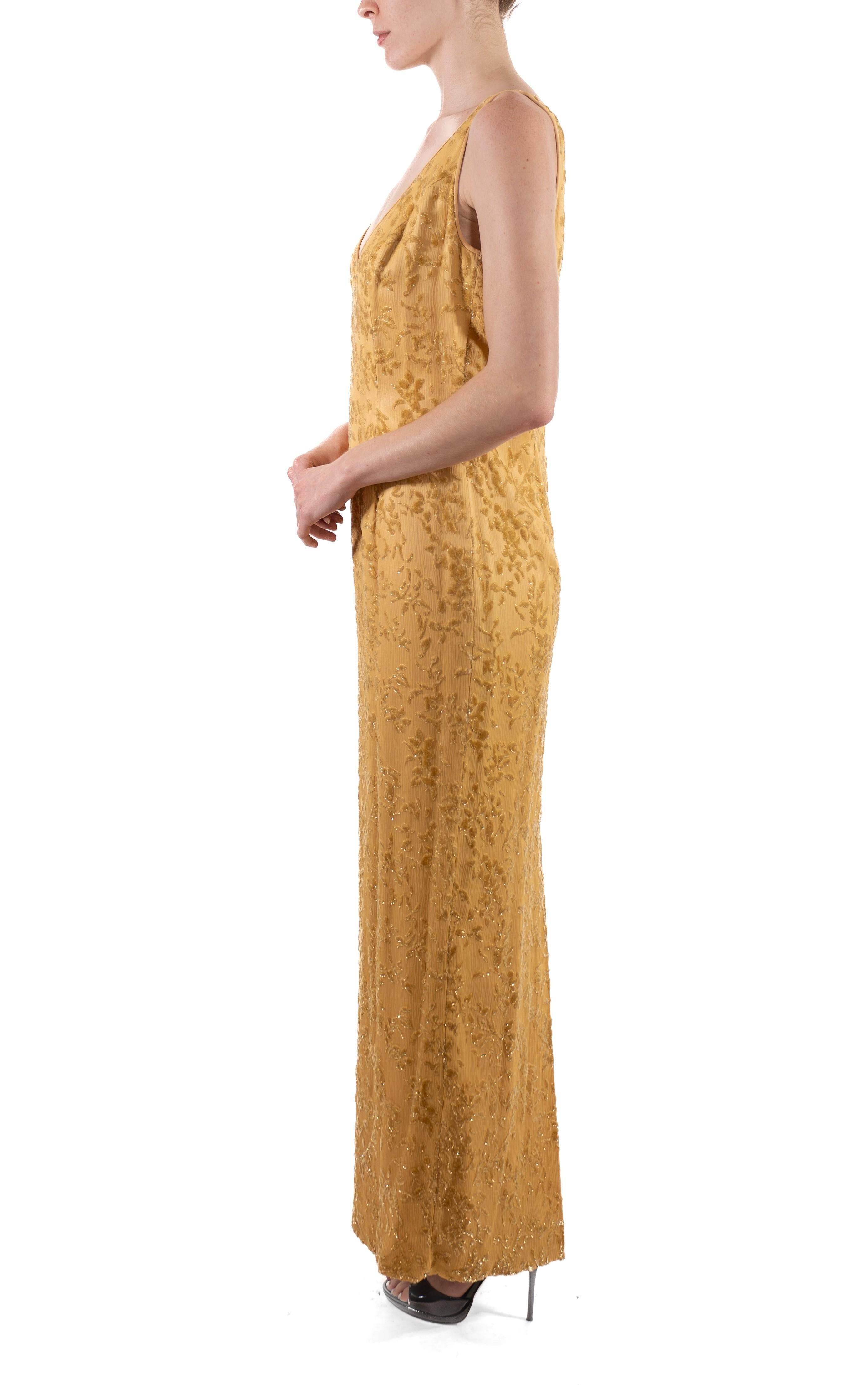 This gown retains no label, however the amount of hand-finishing points to Haute Couture or custom made quality, fully lined in silk. 1990S Yellow & Gold Silk Lurex Burnout Velvet Gown 