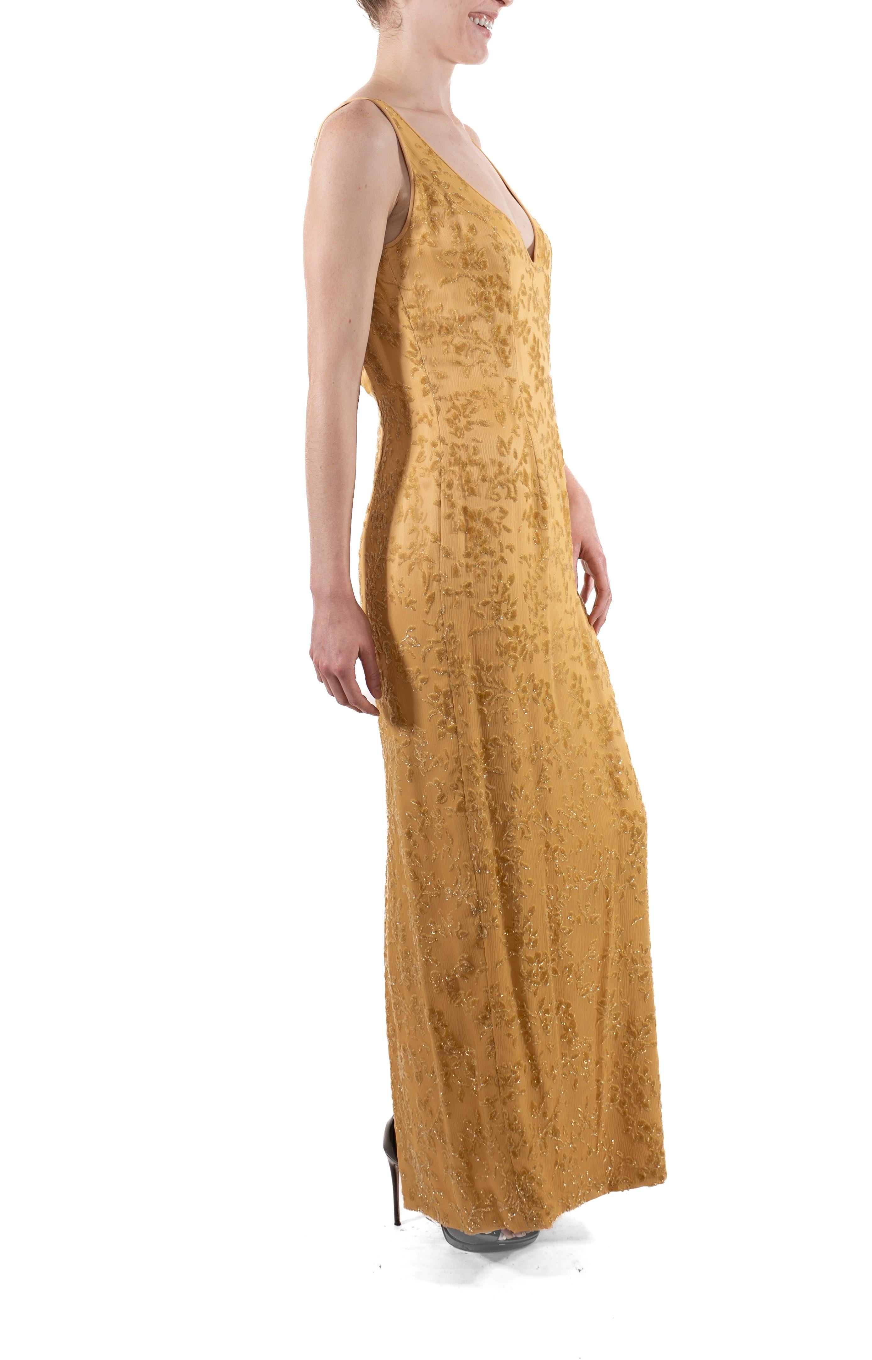 Brown 1990S Yellow & Gold Silk Lurex Burnout Velvet Gown For Sale