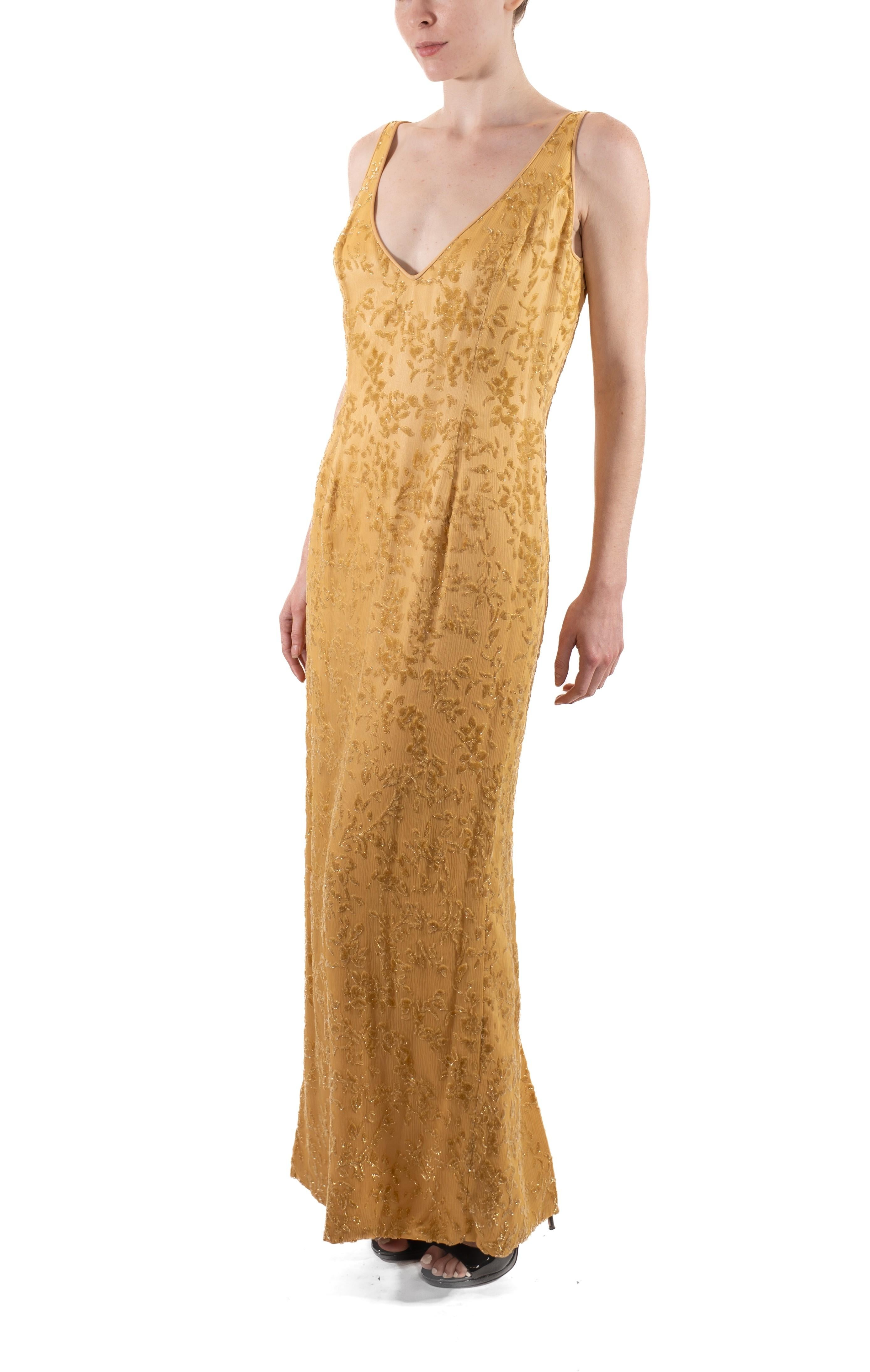 Women's 1990S Yellow & Gold Silk Lurex Burnout Velvet Gown For Sale