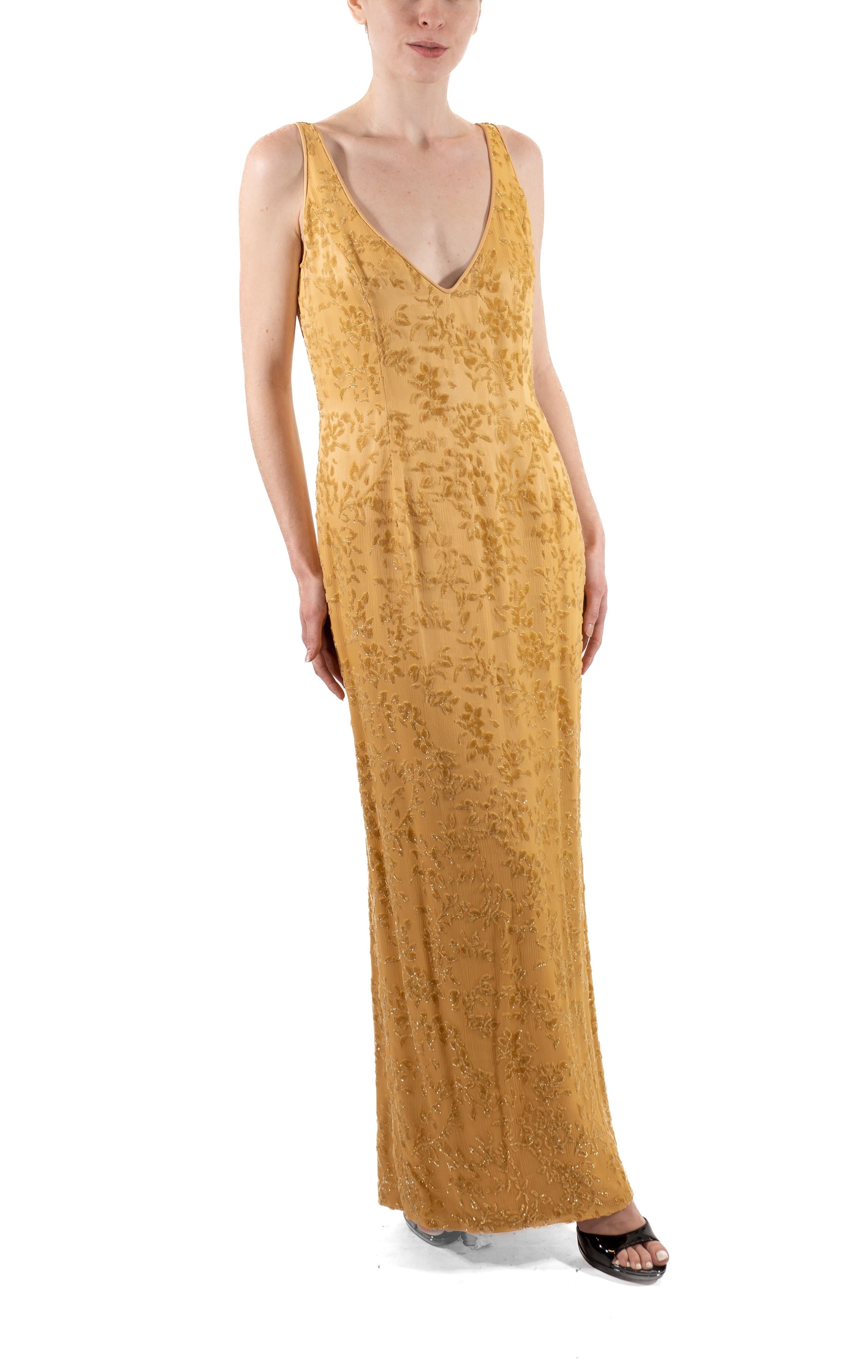 1990S Yellow & Gold Silk Lurex Burnout Velvet Gown For Sale 1