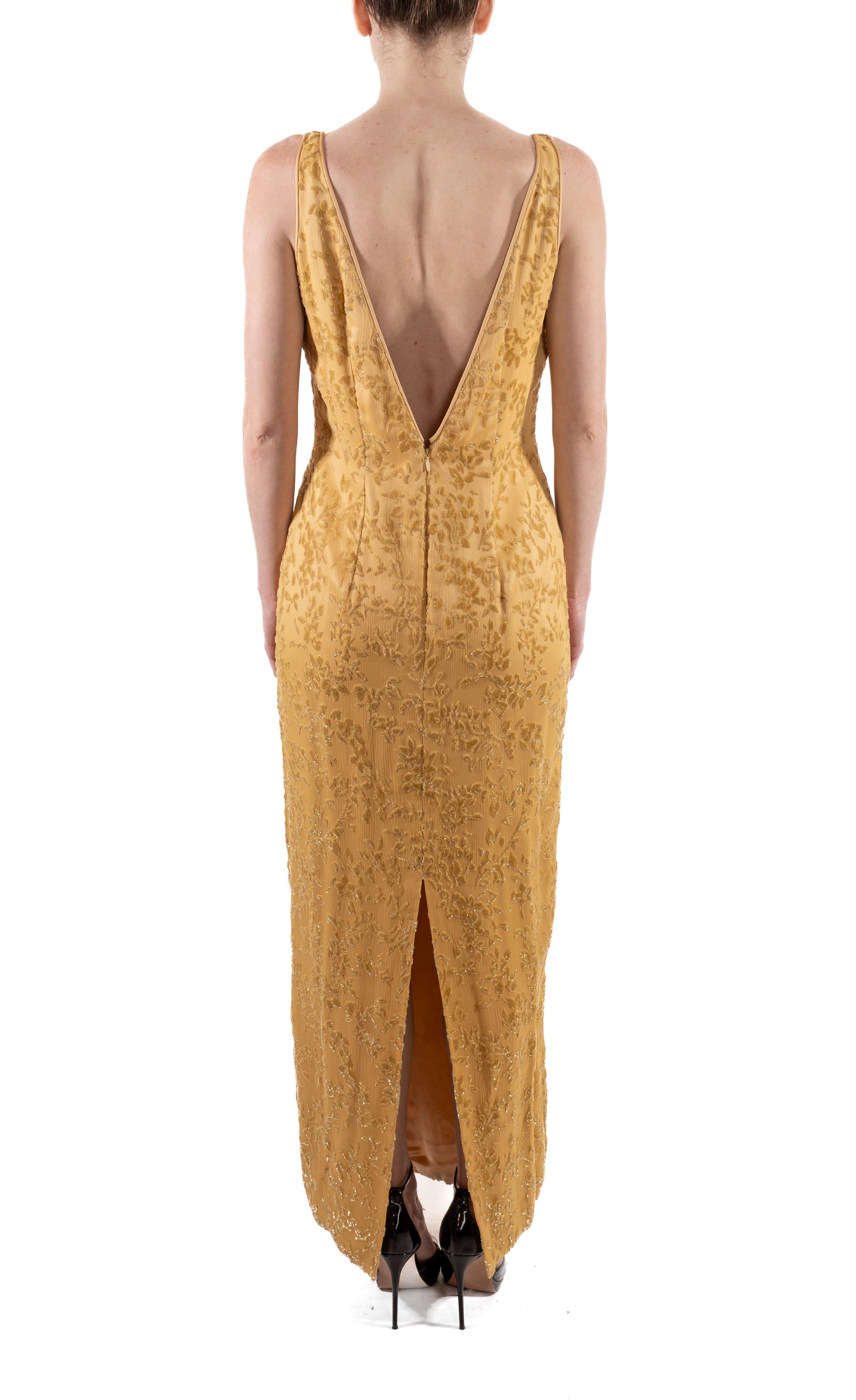 1990S Yellow & Gold Silk Lurex Burnout Velvet Gown For Sale 3