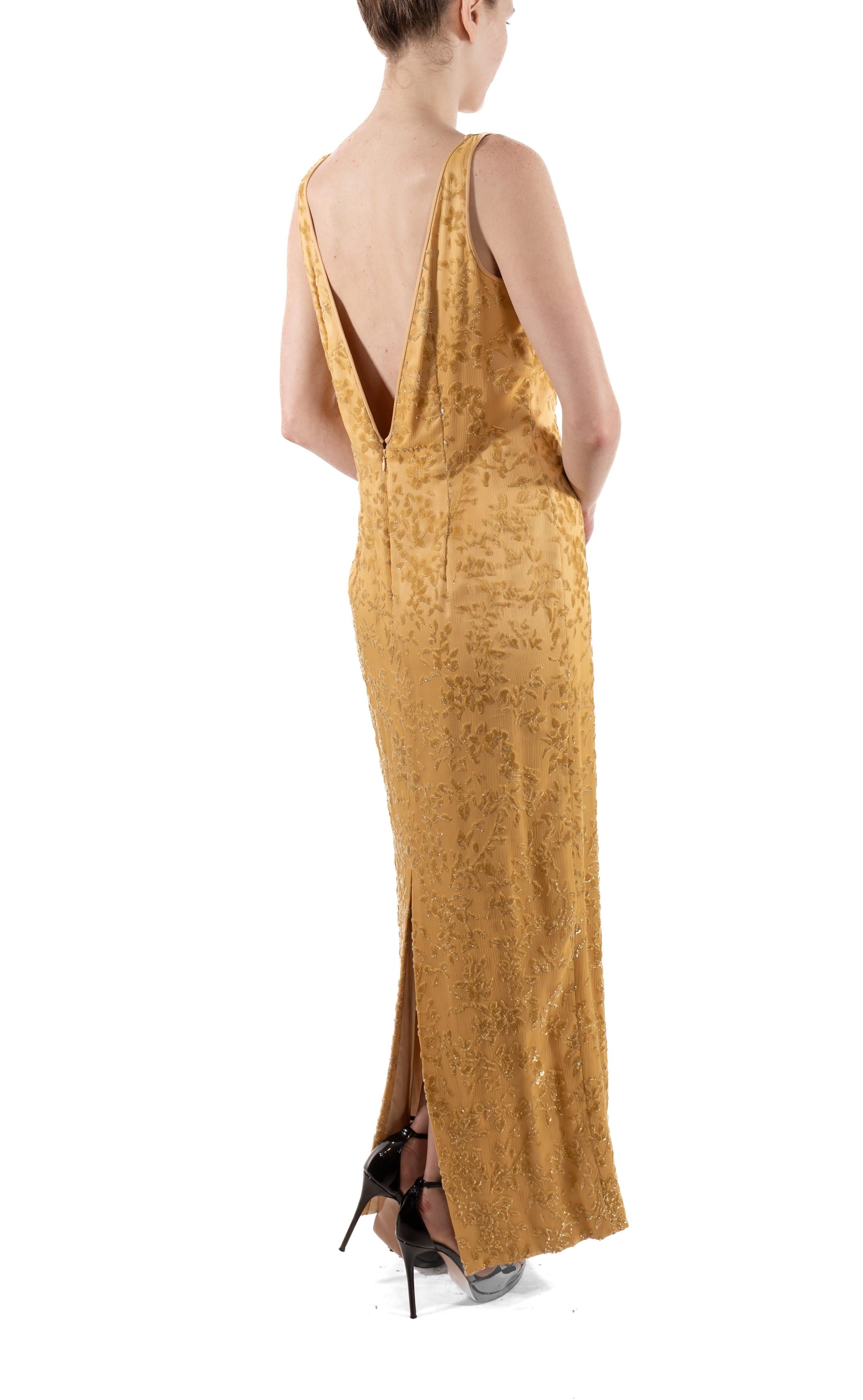 1990S Yellow & Gold Silk Lurex Burnout Velvet Gown For Sale 4